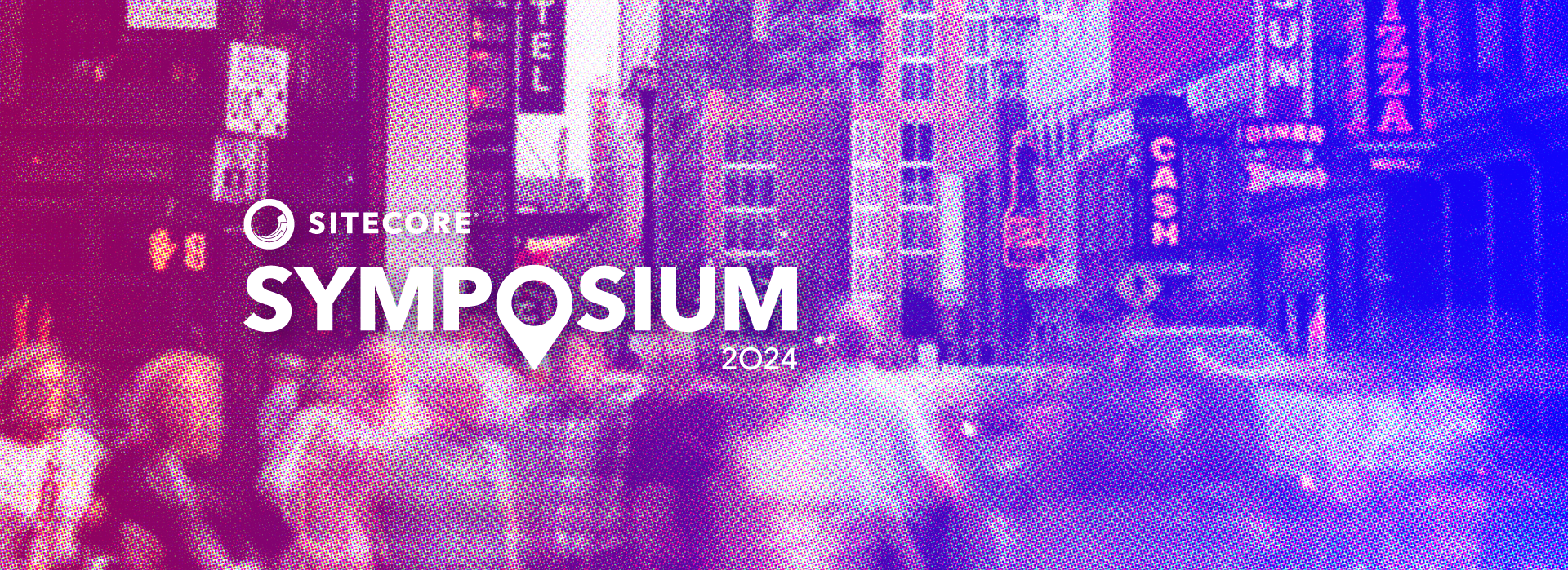 Bustling downtown Nashville street with colorful overlay and Sitecore Symposium logo