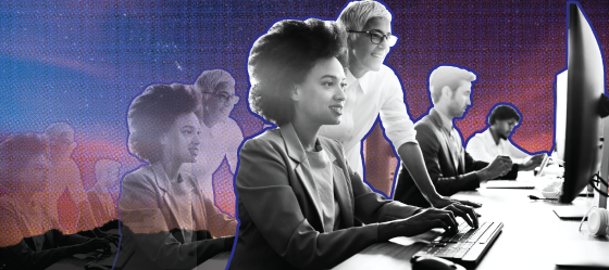 Collage of a small group of employees working together on a computer